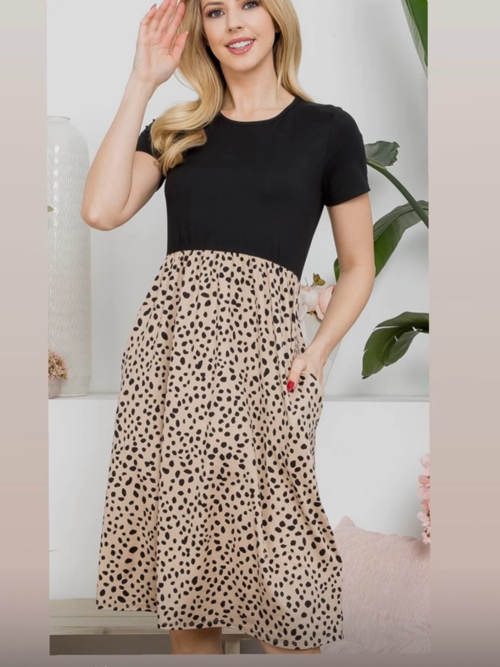 Women’s Black Top with Beige Leopard Print Skirt